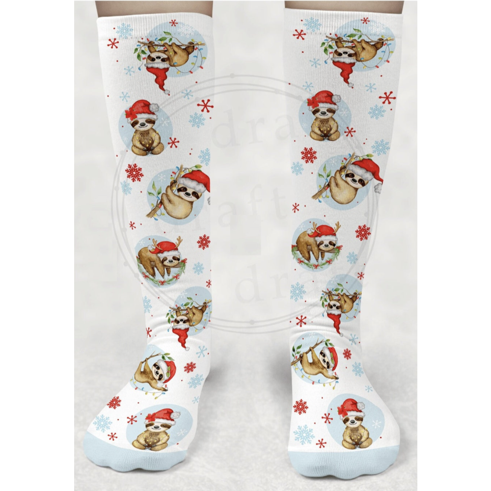 Adult Christmas Sloth Socks - Knee High - Blue Toe Color