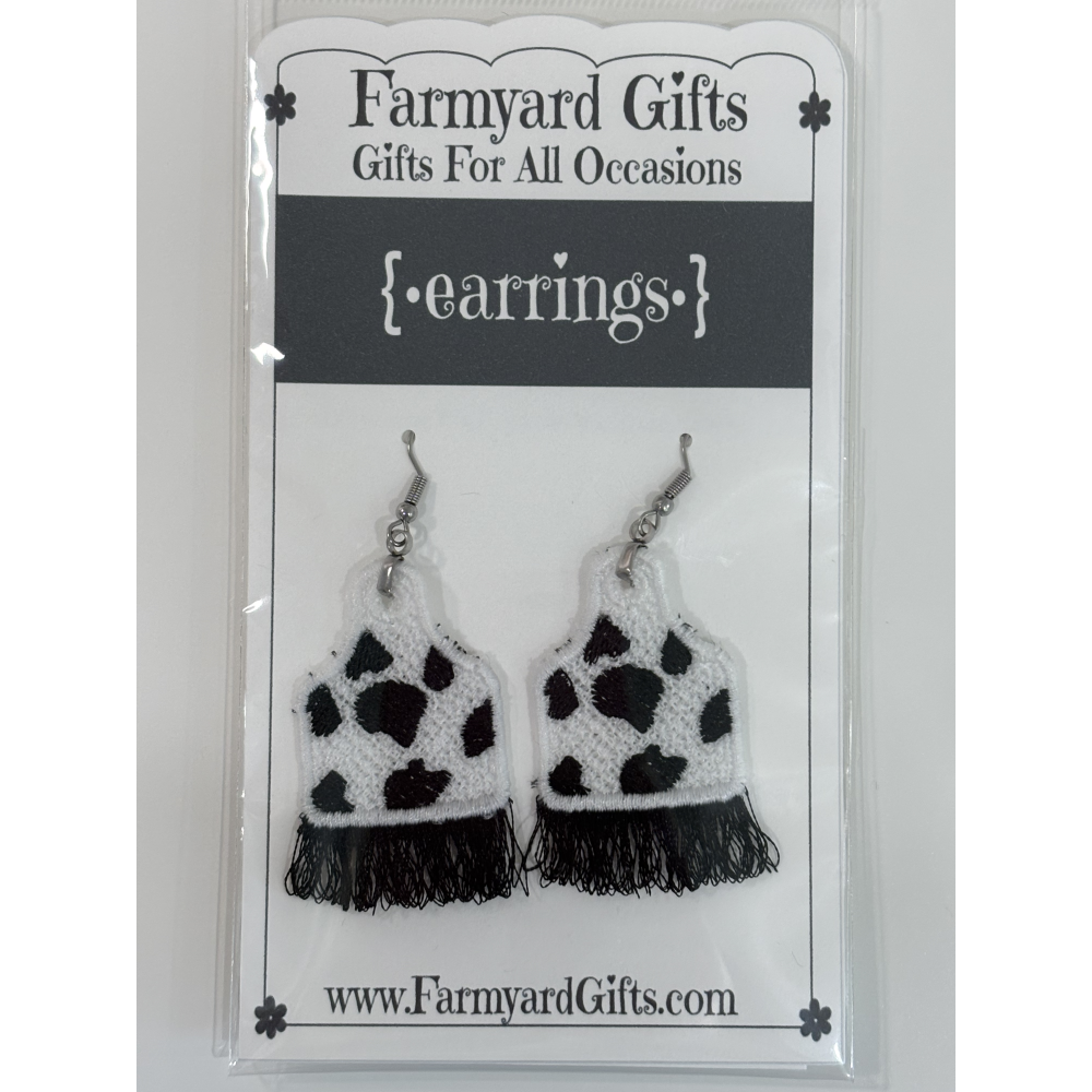Embroidered Cow Tag Brown Fringe Earrings
