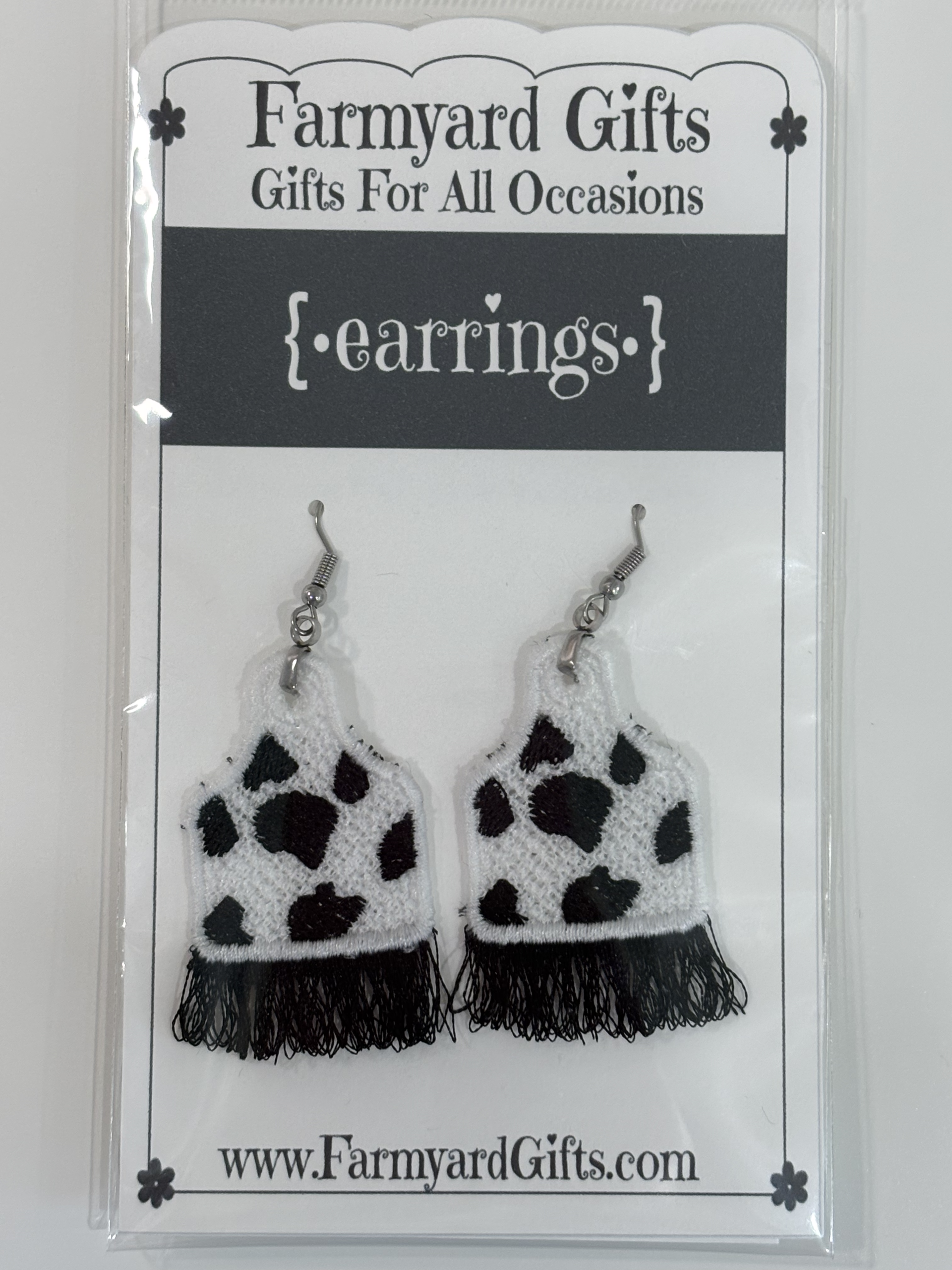 Embroidered Cow Tag Brown Fringe Earrings