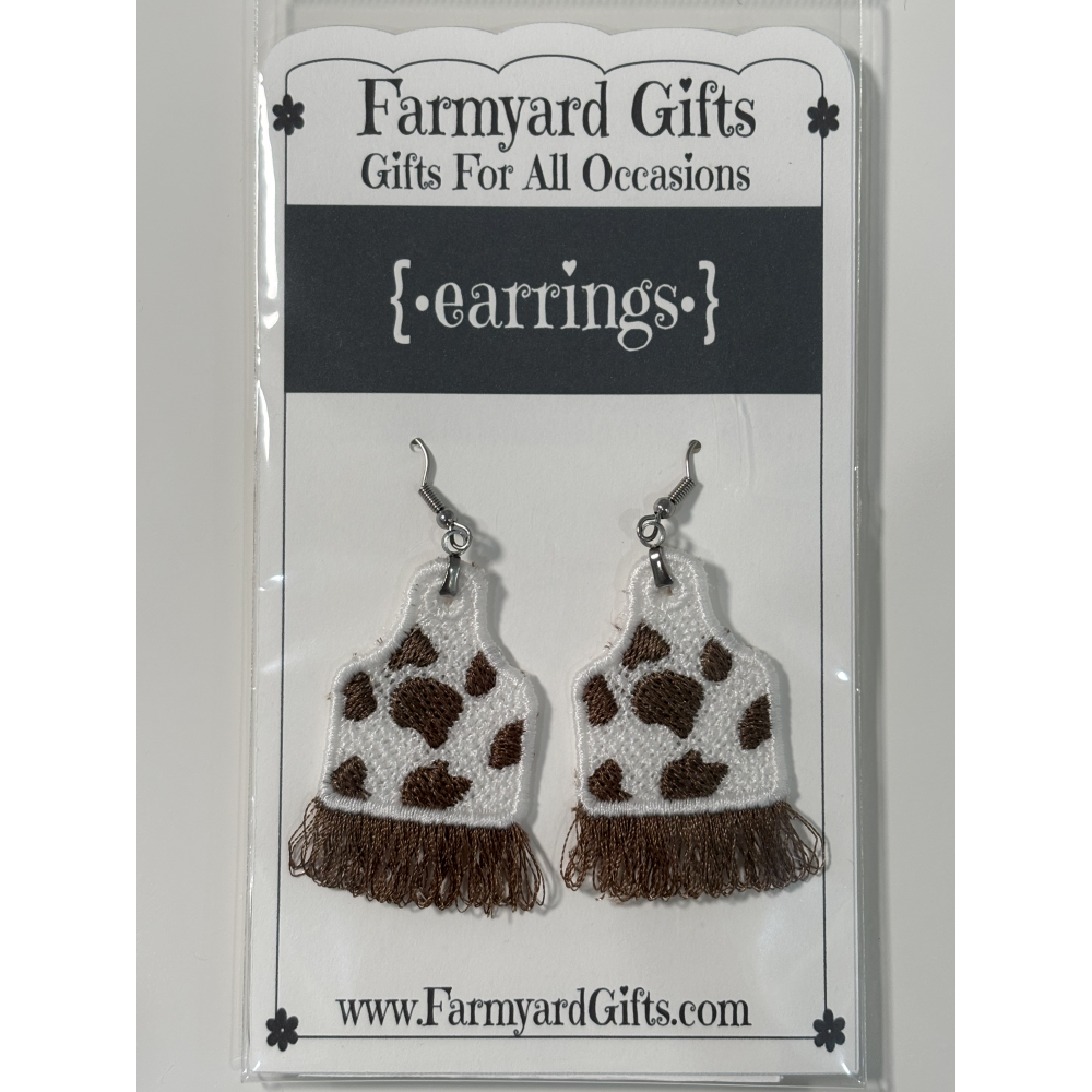 Embroidered Cow Tag Brown Fringe Earrings