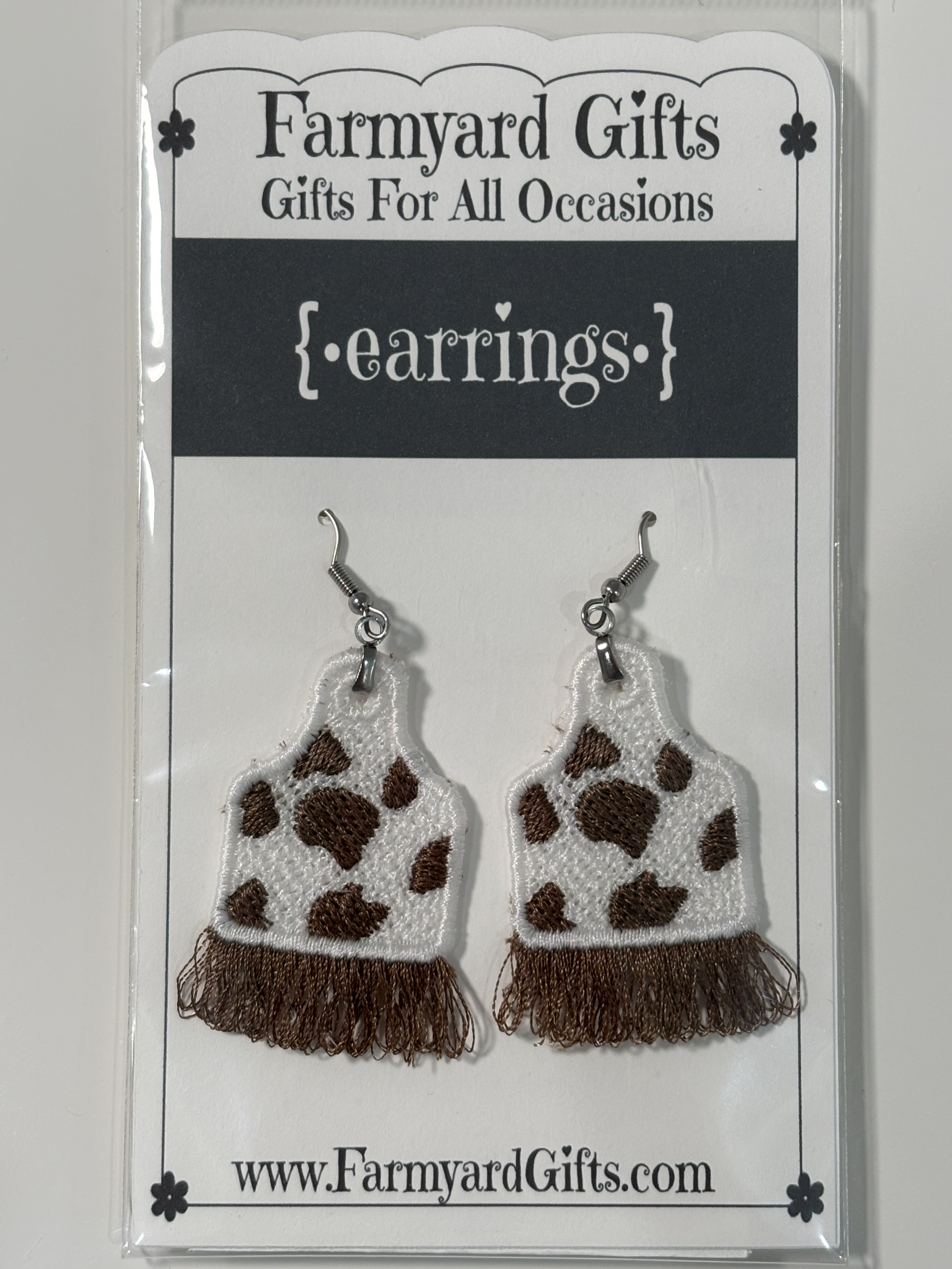 Embroidered Cow Tag Brown Fringe Earrings